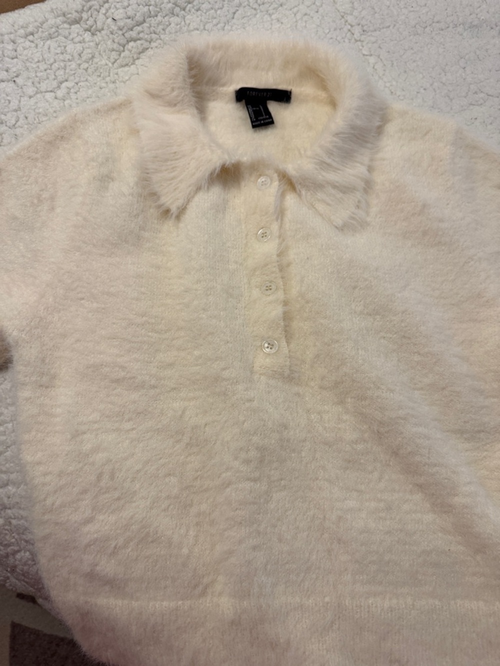 Forever 21 Cream Short-Sleeve Fuzzy Polo Sweater